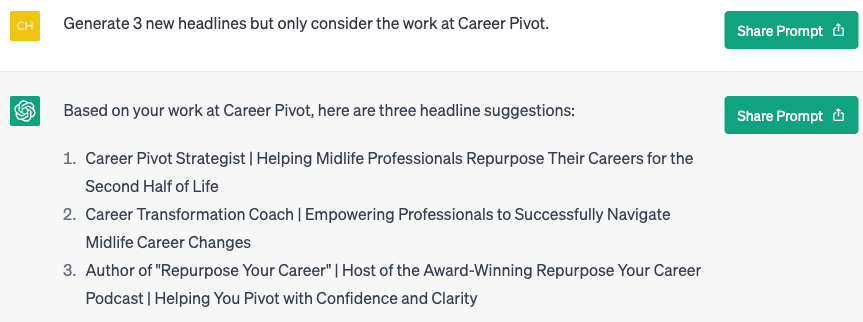 Linkedin headline but only from career pivot work